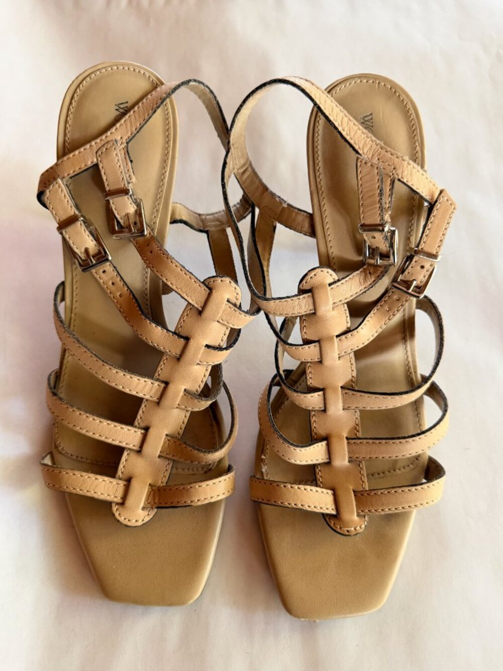 Worthington Nude Leather Strappy Heeled Strapy Sandals Size 8.5 Camel Gladiator